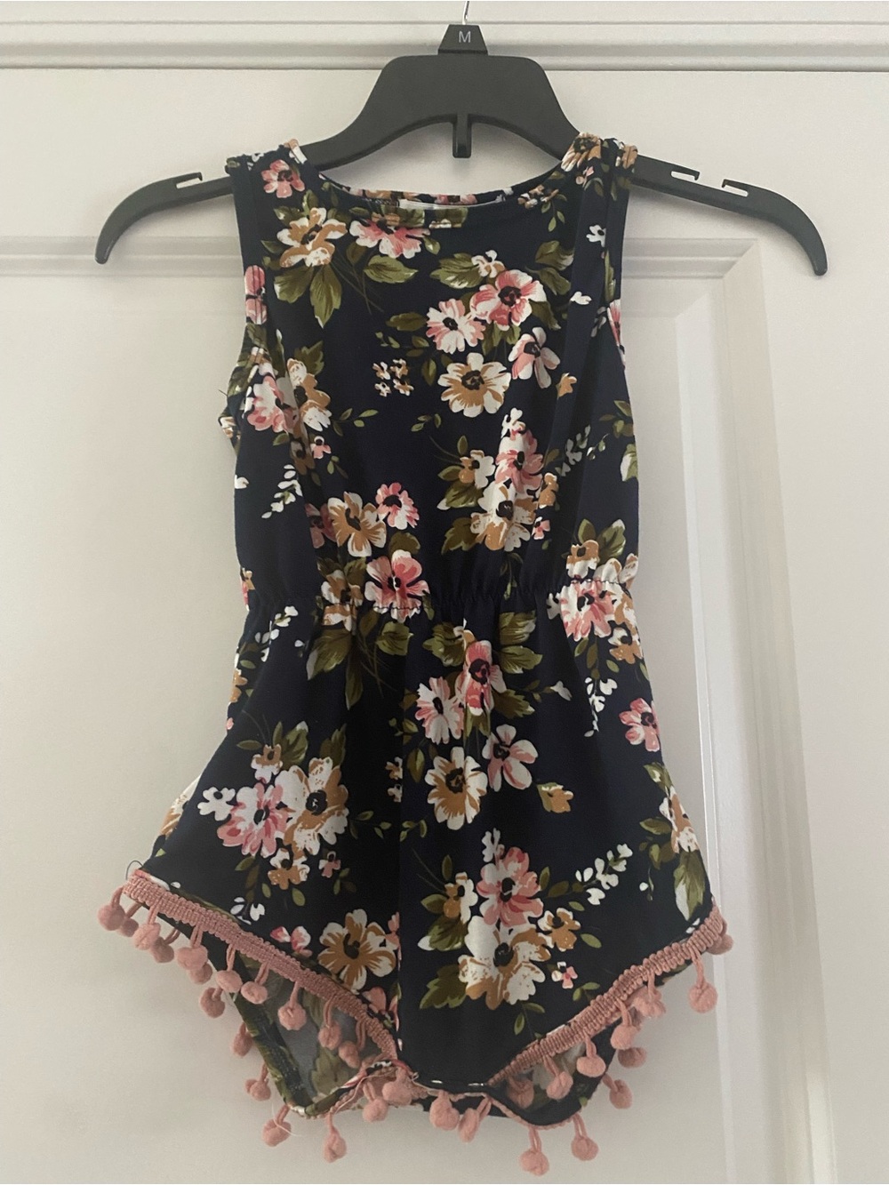 Navy Floral Girls One-Piece Romper with Pink Pom Trim